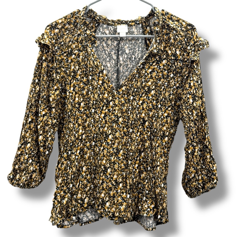 Evereve Roan + Ryan Black, Mustard & Cream Floral 3/4 Sleeve Ruffle V Neck Top